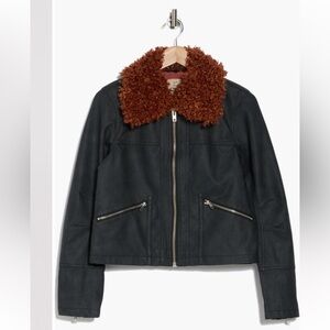 We The Free Black Leather Jacket with Brown Shearling Collar
